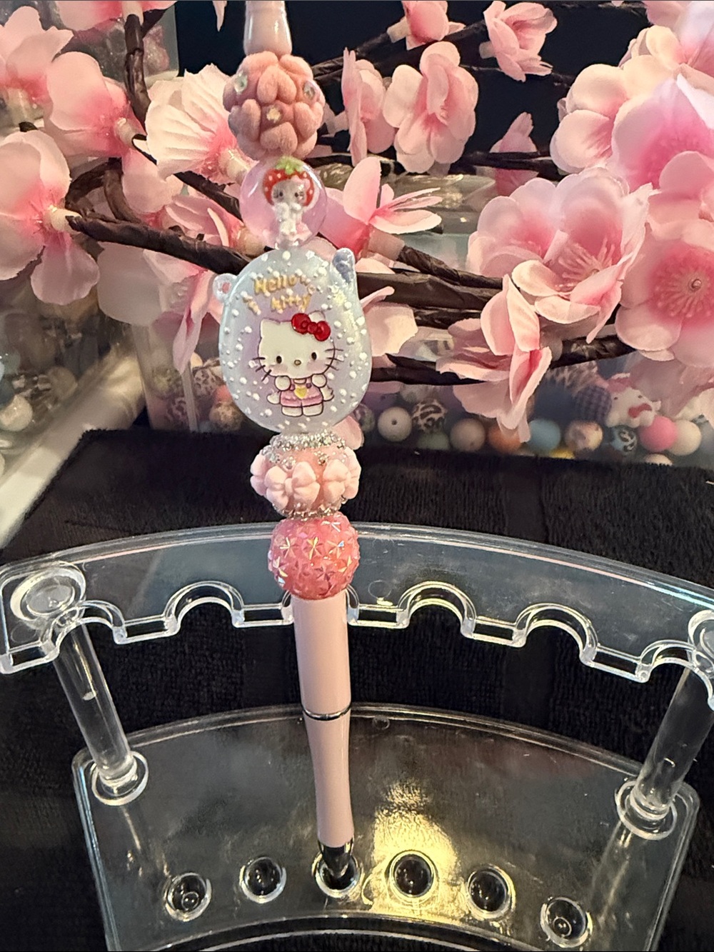 Hello Kitty Pink Decorative Pen with Beaded Charm